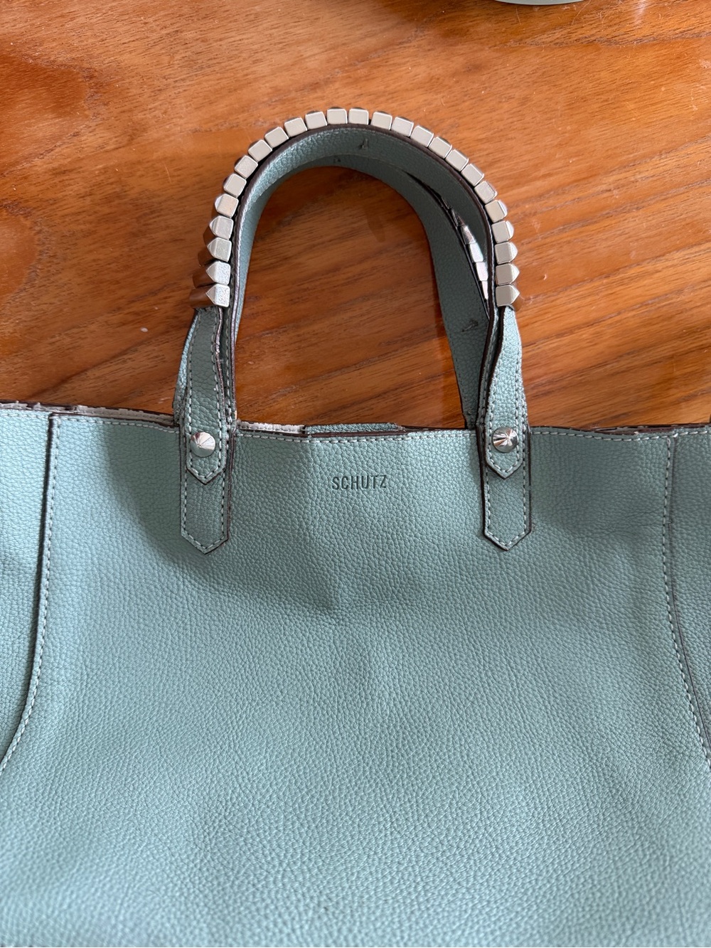 SCHUTZ Mint Green Pebbled Leather Tote with Studded Handles